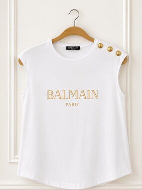 Balmain White Tank Top with Gold Logo and Buttons